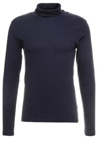 Tummansininen pitkähihaineen turtleneck-paita, joka on valmistettu pehmeästä ja joustavasta kankaasta, ja siinä on tiukka malli sekä saumatonta olkasuunnittelua.