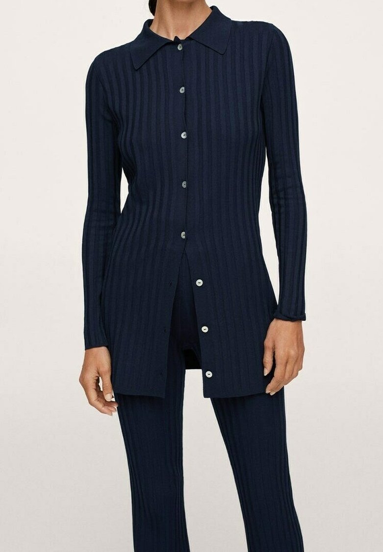 Navy ribbed cardigan with long sleeves, collared neckline, and button-down front. The fabric is soft with a textured finish.