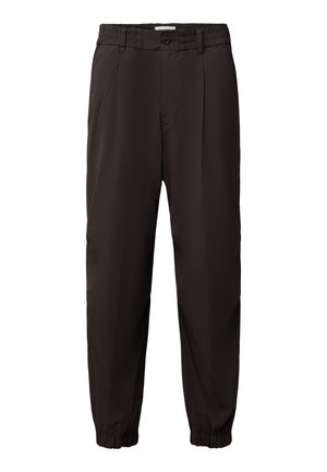 Pantaloni casual neri con polsini elasticizzati, passanti per cintura, bottone frontale e chiusura con zip, progettati per una vestibilità comoda.