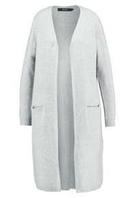 Hellgrauer Cardigan aus strukturiertem Strickstoff. Mit langen Ärmeln, offenem Vorderteil und zwei Fronttaschen. Minimalistisches Design.