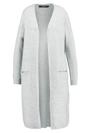 Světle šedý cardigan vyrobený z textura pleteniny. Má dlouhé rukávy, otevřený přední díl a dvě přední kapsy. Minimalistický design.