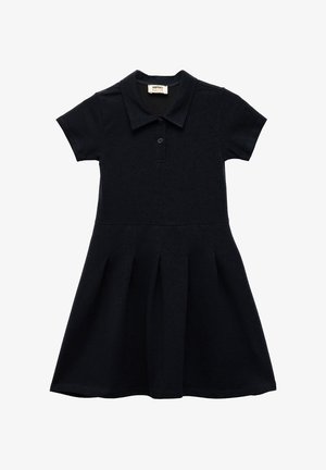 Black polo dress with short sleeves, a collar, three-button placket, pleated skirt, and textured fabric.