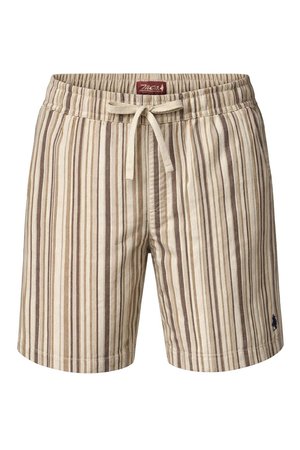 Beežides ja pruunides vertikaalsetes triipudes meeste lühikesed püksid, elastse vöökohaga ja ees oleva paelaga, mille lähedal äärel on väike tume logo.