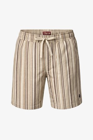 Beige és barna függőleges csíkos férfi rövidnadrág elasztikus derékrésszel és elöl húzózsinórral, kis sötét logóval a szegély közelében.