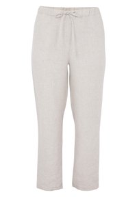 Pantalon en lin gris clair avec une taille élastique et un cordon de serrage, présentant une coupe droite et une texture minimale.