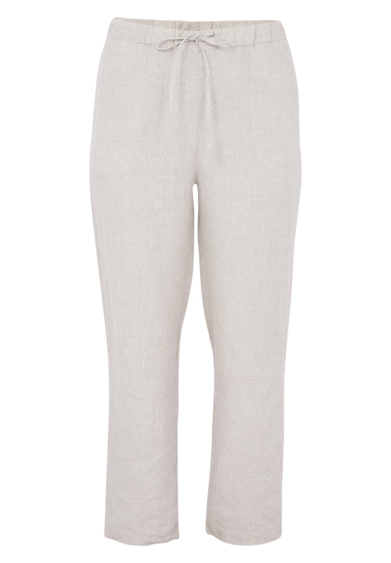 Pantalon en lin gris clair avec une taille élastique et un cordon de serrage, présentant une coupe droite et une texture minimale.
