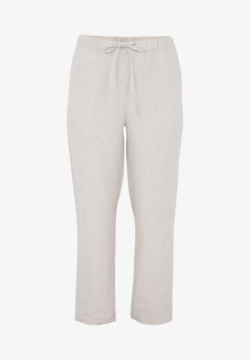 Pantalon en lin gris clair avec une taille élastique et un cordon de serrage, présentant une coupe droite et une texture minimale.