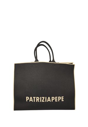 Borsa tote in tessuto nero con bordi e manici beige, con la scritta "PATRIZIAPEPE" stampata in grandi lettere beige sul davanti.