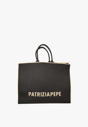 Borsa tote in tessuto nero con bordi e manici beige, con la scritta "PATRIZIAPEPE" stampata in grandi lettere beige sul davanti.