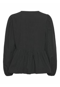 Čierna peplum blúzka vyrobená z ľahkej látky. Obsahuje pufované dlhé rukávy a okrúhly výstrih, s nazhromaždenými detailmi v páse.