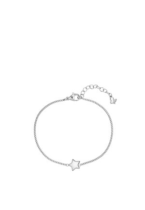 Zartes silbernes Kettenarmband mit einem kleinen Sternanhänger in der Mitte und einem verstellbaren Verschluss mit einem winzigen Schmetterlingsanhänger.