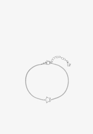 Zartes silbernes Kettenarmband mit einem kleinen Sternanhänger in der Mitte und einem verstellbaren Verschluss mit einem winzigen Schmetterlingsanhänger.