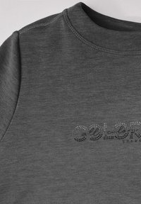 Camisa gris de manga corta con cuello redondo, que presenta un diseño brillante de "COLOR" en strass en la parte frontal. Textura suave y lisa.