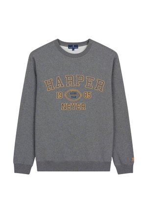 Grauer Pullover mit dem Aufdruck "HARPER" und "RUGBY TEAM 1985" in gelb-orange. Rippbündchen und Saum. Weicher, strukturierter Stoff.