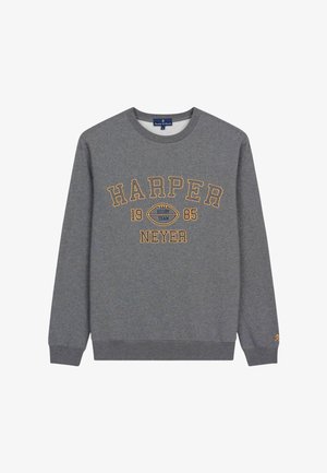 Grauer Pullover mit dem Aufdruck "HARPER" und "RUGBY TEAM 1985" in gelb-orange. Rippbündchen und Saum. Weicher, strukturierter Stoff.