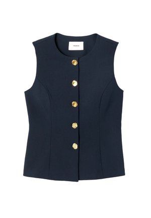 Gilet bleu marine sans manches avec encolure ronde et cinq boutons dorés irréguliers sur le devant, coupe ajustée.