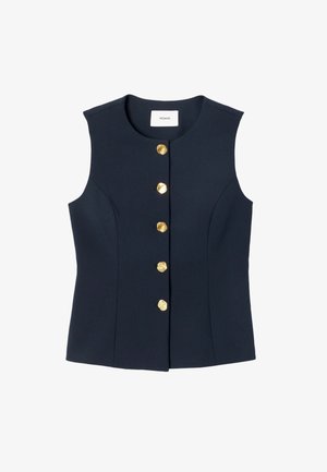 Gilet bleu marine sans manches avec encolure ronde et cinq boutons dorés irréguliers sur le devant, coupe ajustée.