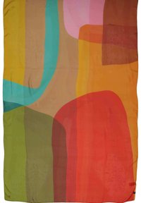 Coperta multicolore con forme astratte in arancione, rosa, teal, verde e marrone. Texture morbida con superficie liscia e senza motivi visibili.