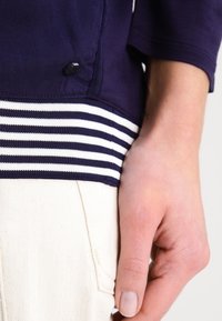 Navy pullover met gestreepte witte zoom, voorzien van een klein zwart logoaccent en zachte stof. Hand op lichte broek geplaatst.