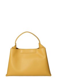 Geel leren handtas met een minimalistisch ontwerp, afgeronde handgreep en een gladde textuur. Kenmerkt een subtiele gestikte accent op het lijf.