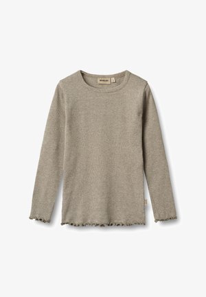 Beżowa, prążkowana koszulka z długim rękawem, z okrągłym dekoltem i falbankowym brzegiem, oznaczona rozmiarem 104, marki Wheat, na białym tle.