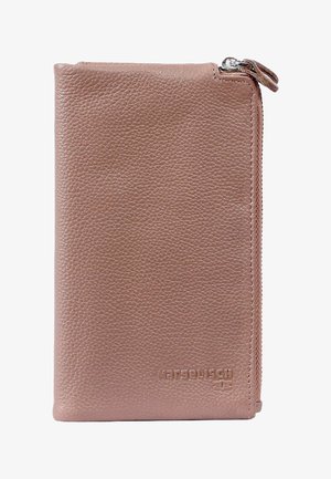 Leather wallet in soft pink with textured surface, zip-around closure, and embossed logo at the bottom. Rectangular shape and minimalist design.