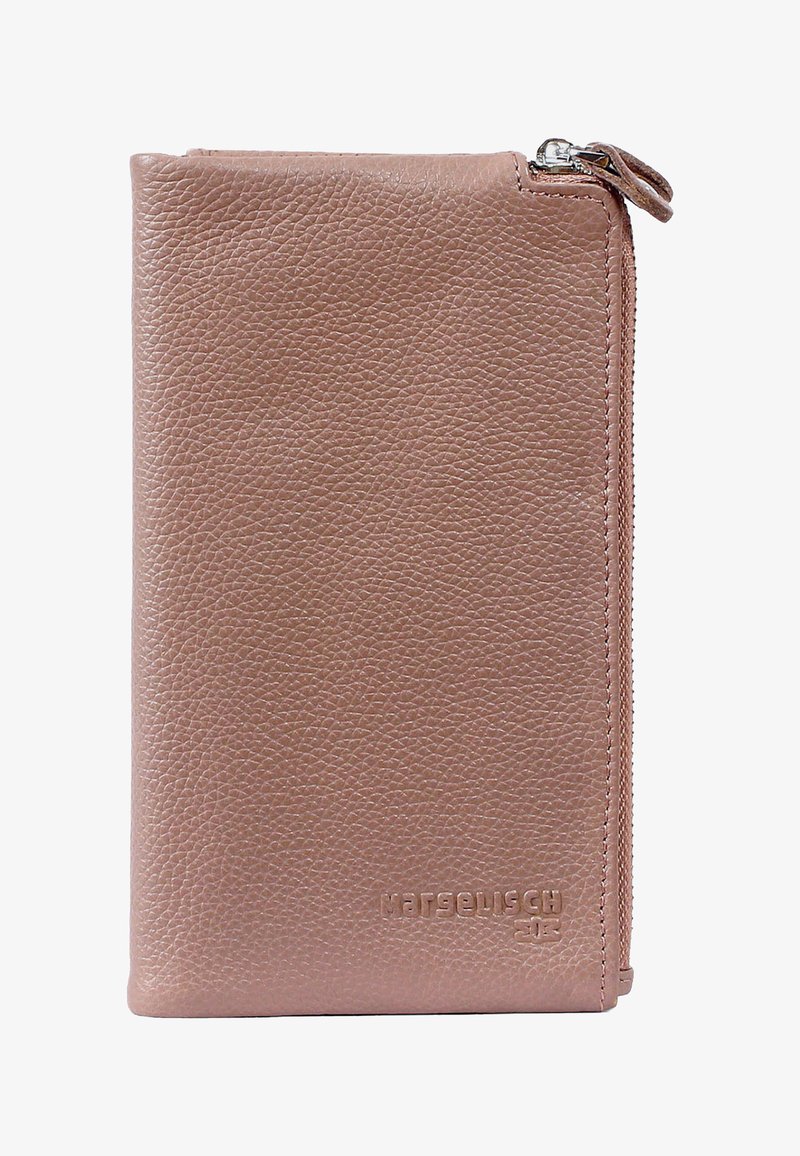 Läderplånbok i mjuk rosa med texturerad yta, dragkedjestängning och präglad logotyp längst ner. Rektangulär form och minimalistisk design.
