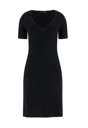 Czarna prążkowana sukienka dzianinowa z krótkimi rękawami i dekoltem w serek. Charakteryzuje się dopasowanym krojem i pionowymi wzorami tekstury na całej powierzchni.