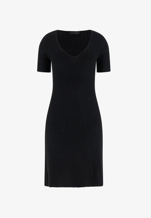 Sort ribstrikket kjole med korte ærmer og V-hals. Har en tætsiddende silhuet og lodrette teksturmønstre over det hele.