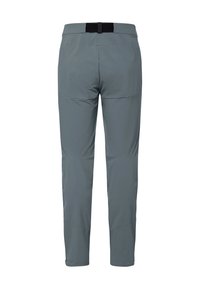 Pantalon gris à coupe fuselée avec taille ajustable à boucle noire, détails des coutures arrière et genoux articulés, vu de dos.