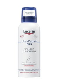 Eucerin UreaRepair PLUS foam in a white canister with blue accents. Text highlights 10% urea and suitability for diabetic skin care.
