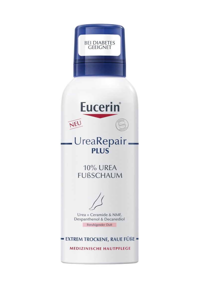Eucerin UreaRepair PLUS foam in a white canister with blue accents. Text highlights 10% urea and suitability for diabetic skin care.