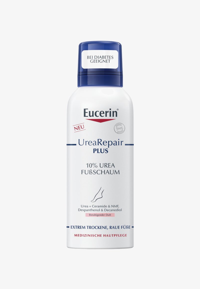 Eucerin UreaRepair PLUS Schaum in einem weißen Behälter mit blauen Akzenten. Der Text hebt 10 % Urea und die Eignung für die Hautpflege bei Diabetikern hervor.
