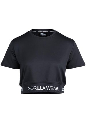 Zwarte crop top gemaakt van een gladde stof. Heeft een ronde halslijn en korte mouwen. "GORILLA WEAR" logo in het wit aan de onderkant.