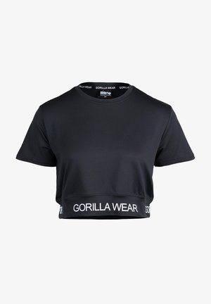 Zwarte crop top gemaakt van een gladde stof. Heeft een ronde halslijn en korte mouwen. "GORILLA WEAR" logo in het wit aan de onderkant.