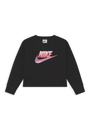 Czarna, krótka bluza z długim rękawem z różowym gradientowym logo Nike na środku przodu.