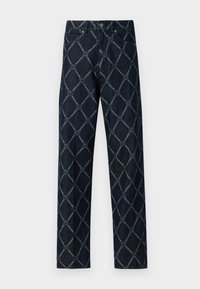 Mørke denimjeans med et geometrisk mønster i lyseblå, med rett ben-design og klassisk fem-lomme stil.