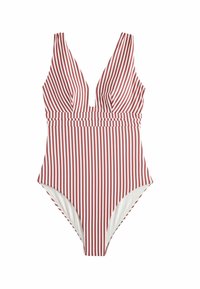 Costume intero a righe rosse e bianche con scollatura a V profonda, spalline larghe e corpetto aderente. Il tessuto ha una consistenza liscia.