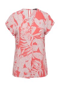Blusa corta a maniche corte in corallo e bianco con scollatura a V e apertura a chiave sulla schiena. Presenta una stampa fogliosa con texture e motivi variati.