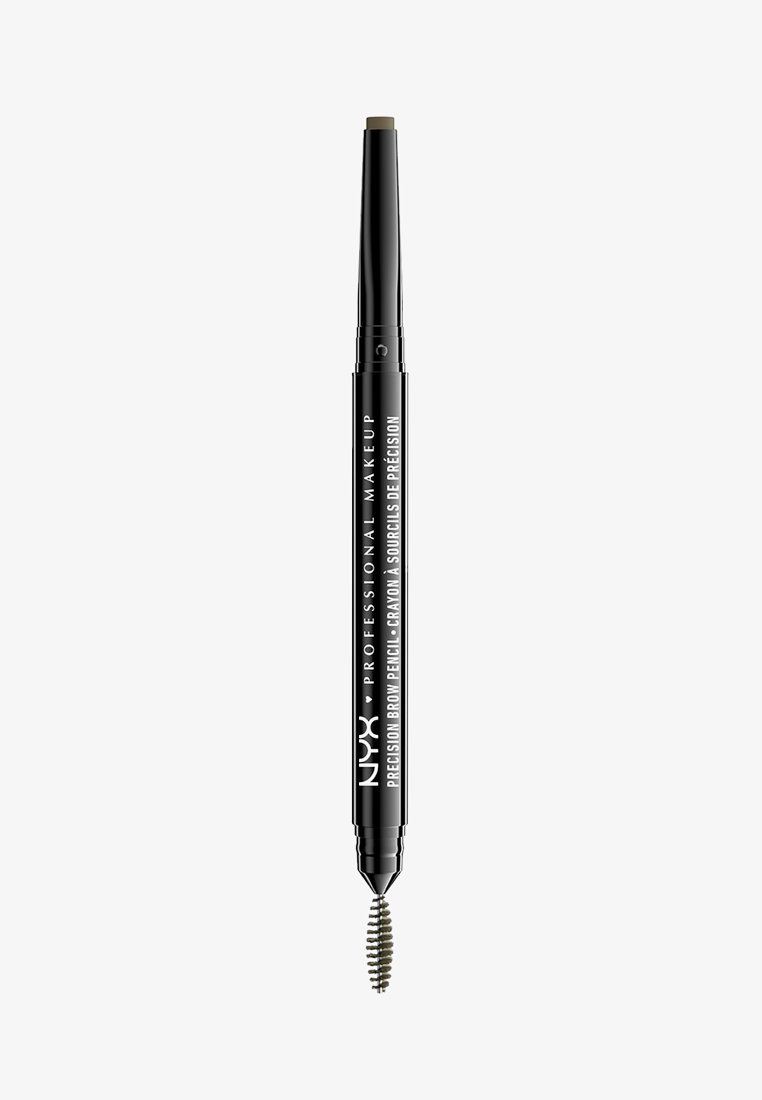 NYX Precision Brow Pencil, schwarzer Körper, schlankes Design, mit einer feinen braunen Spitze und einem Bürstchen auf einem Ende zur Augenbrauenpflege.