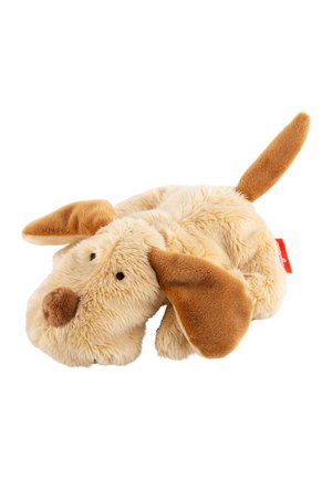 Soft beige and brown plush dog toy lying down with floppy ears and a raised tail on a white background.