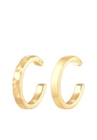 Gold-tone hoop earrings with a polished finish and a textured style on one earring, featuring a minimalist open design. Marked “925.”