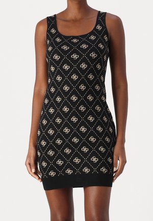 Robe noire sans manches avec un col rond, ornée d'un motif losange beige et de petits logos répétitifs.