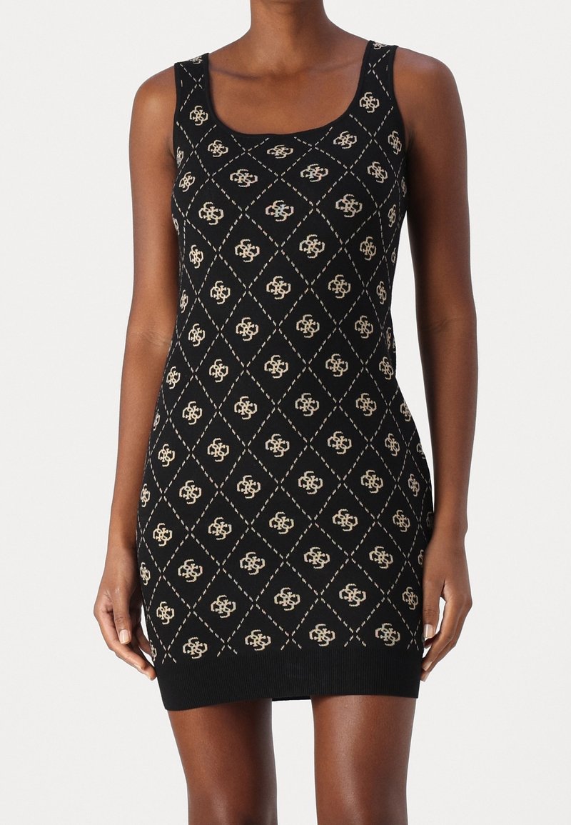 Robe noire sans manches avec un col rond, ornée d'un motif losange beige et de petits logos répétitifs.
