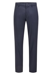 Navy blue trousers made of smooth fabric, featuring a flat front, belt loops, and a straight leg design with a tailored finish.