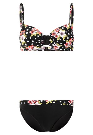 Schwarzer Bikini mit weißen Punkten und rosa Blumenmustern auf dem Oberteil und dem Bund der Unterteile, mit verstellbaren Trägern.