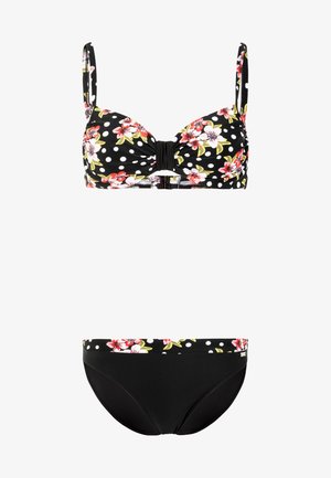 Schwarzer Bikini mit weißen Punkten und rosa Blumenmustern auf dem Oberteil und dem Bund der Unterteile, mit verstellbaren Trägern.