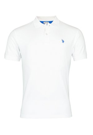 Polo bianco realizzato in cotone, con un logo ricamato blu sul lato sinistro del petto, maniche corte e un design del colletto tradizionale.