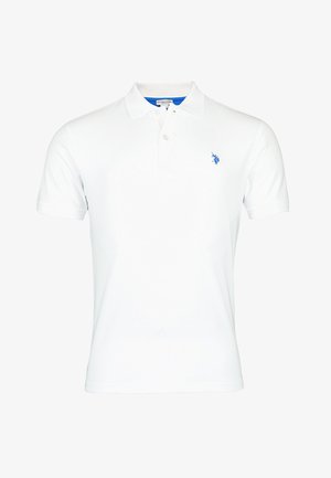 Witte poloshirt van katoen, met een blauw geborduurd logo op de linkerborst, korte mouwen en een traditionele kraag.
