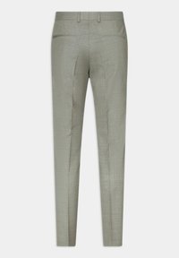 Maßgeschneiderte Hosen aus hellgrauem Stoff, mit einem strukturierten Muster, slim fit und zwei hinteren Taschen ohne sichtbare Verschlüsse.